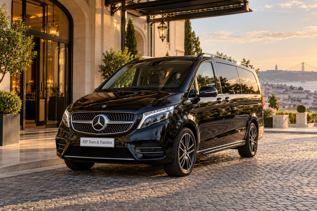 Illustrative image: luxury Mercedes with RJP Tours & Transfers branding at a Lisbon hotel.